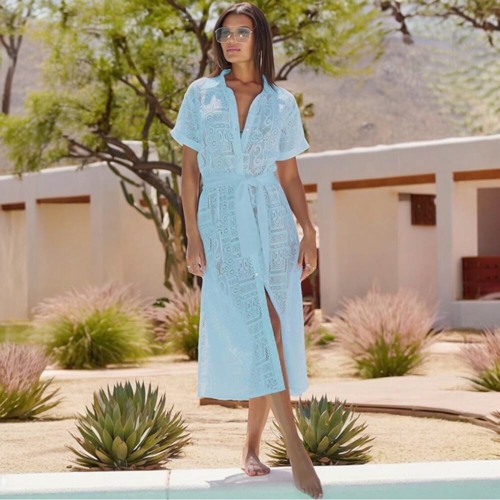 BECCA By Rebecca Virtue Gauzy Crochet Collared Shirt dress blue - S
